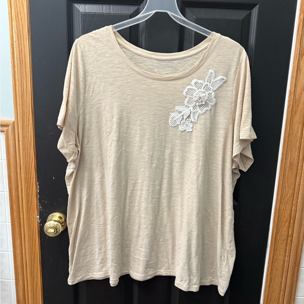 Beige Short Sleeve Top with White Floral Detail